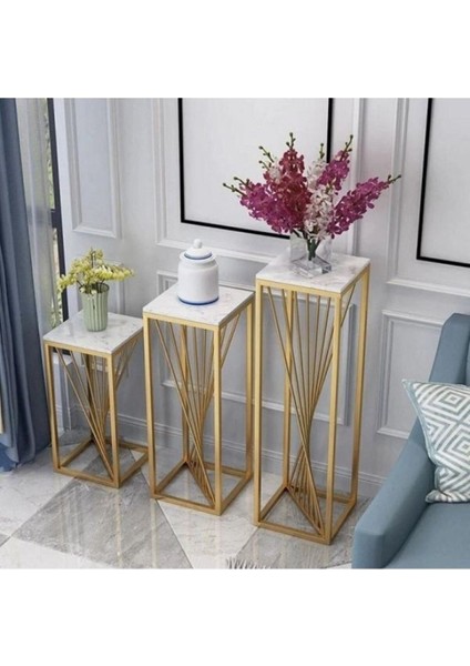 Beli Metal Gold Üçlü Set Çiçeklik ve Saksılık