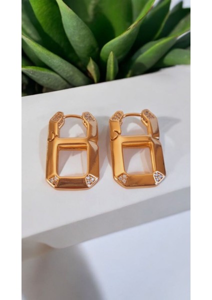 Premium Paslanmaz Çelik Döktörgen Rose Gold Küpe