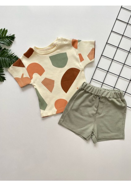 Çocuks Marka Geometrik Desenli Haki 2'li Erkek Bebek Takım