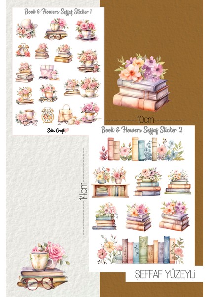 Book & Flowers Temalı Şeffaf Sticker Seti 01-02 Ajanda Planlayıcı Bullet Journal Için Uygundur