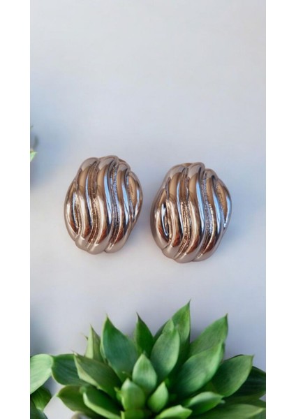 Premium Paslanmaz Çelik Bombeli Oval Desenli Silver Küpe