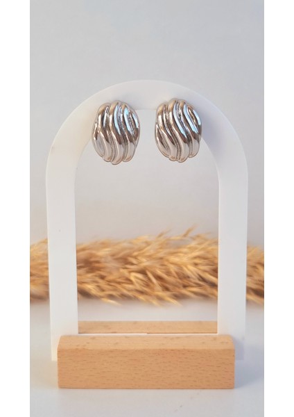 Premium Paslanmaz Çelik Bombeli Oval Desenli Silver Küpe