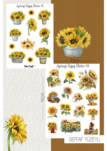 Ayçiçeği Temalı Şeffaf Sticker Seti 01-03 Ajanda Planlayıcı Bullet Journal Için Uygundur