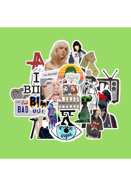 Billie Eilish Sticker Paketi -Bullet Journal - Ajanda - Planner - Defter - Laptop Etiket Çıkartma Çok Renkli 10 x 15 Paket Boyutu 3 x 5 cm Stickerlar Paket Içeriği 25 Adet Dadi Ramba Sticker fiyatları