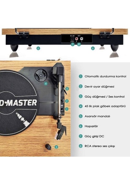Record Master TT202-J Retro Pikap Bluetooth Özellikli Tüm Plakları Çalabilen Pikap 33, 45, 78 Devir