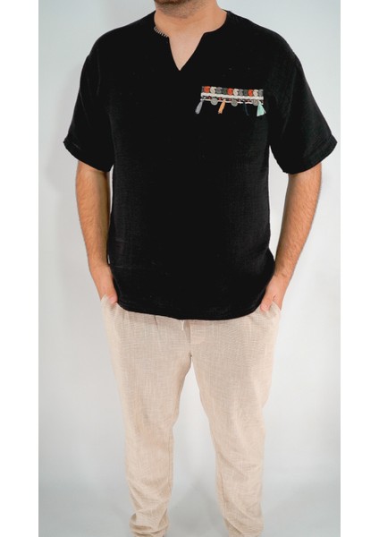 Oversize Otantik Cep Detaylı Muslin Siyah T-Shirt