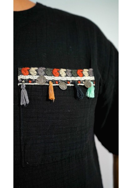 Oversize Otantik Cep Detaylı Muslin Siyah T-Shirt