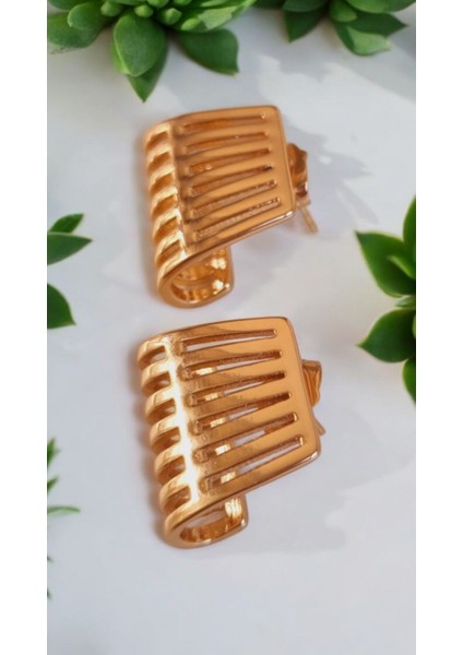 Premium Paslanmaz Çelik Çizgi Detaylı Rose Gold Küpe