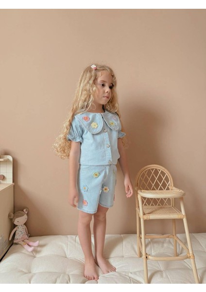 Denim Kumaş Çiçekli Şortlu Kız Çocuk Takım