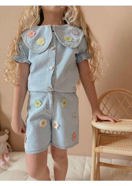Denim Kumaş Çiçekli Şortlu Kız Çocuk Takım