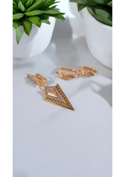 Vıp Paslanmaz Çelik 3'lü Üçgen Figürlü Rose Gold Küpe
