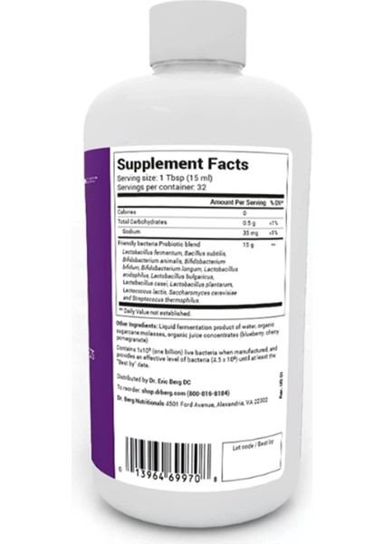 Dr. Berg's Friendly Probiotic Liquid Supplement Drink Mix W/ 12 Live Probiotics STRAINS.500ML 32 Servis