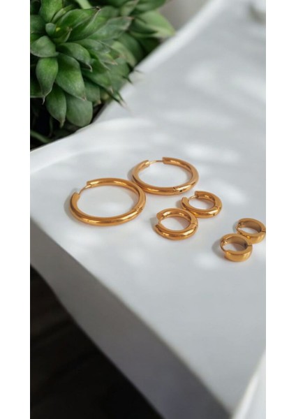 Paslanmaz Çelik 3 Çift Gold Halka Küpe