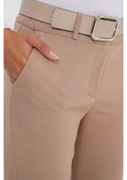 6538 Kemerli Ispanyol Paça Pantolon - Bej
