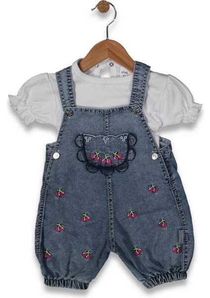 Kiraz Desenli Jeans Kız Bahçivan Tulum
