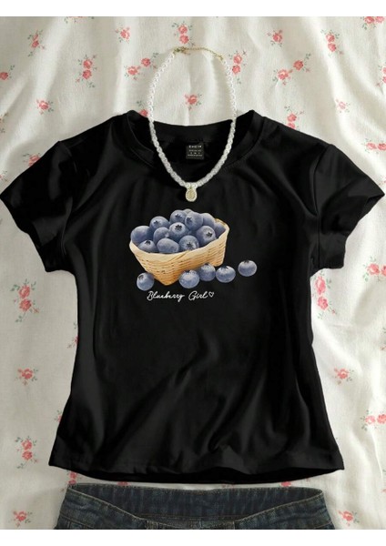 Kadın Yaban Mersini Baskılı Baby Tee Crop T-Shirt