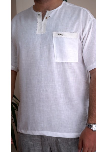 Yaka ve Cep Pis Dikiş Oversize Beyaz Keten T-Shirt