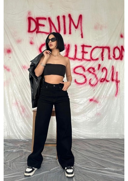 Siyah Yüksek Bel ve Geniş Paça Jeans Pantolon