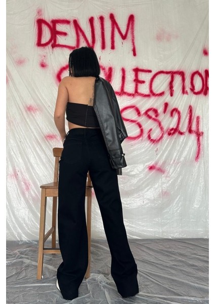 Siyah Yüksek Bel ve Geniş Paça Jeans Pantolon