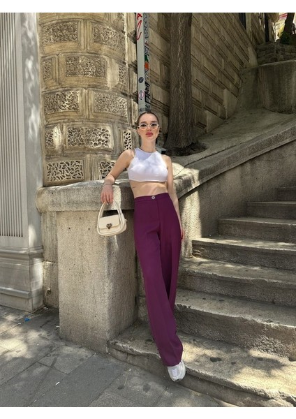 Yüksek Bel Palazzo Metal Düğme Pantolon