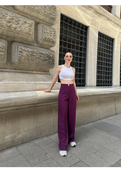 Yüksek Bel Palazzo Metal Düğme Pantolon