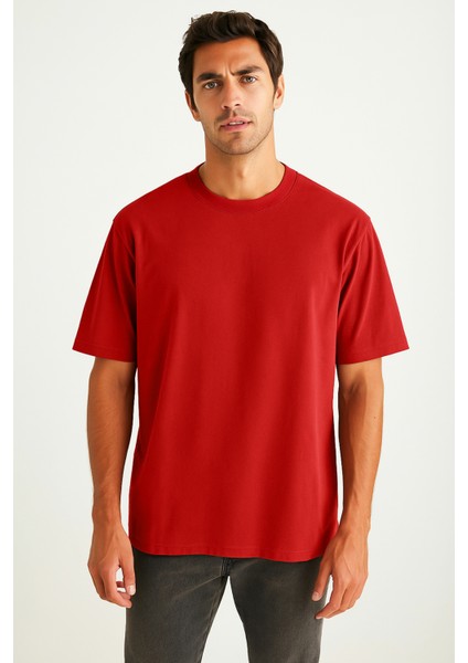 Erkek Kırmızı Oversize Bisiklet Yaka %100 Pamuk Düz Basic Yazlık T-Shirt