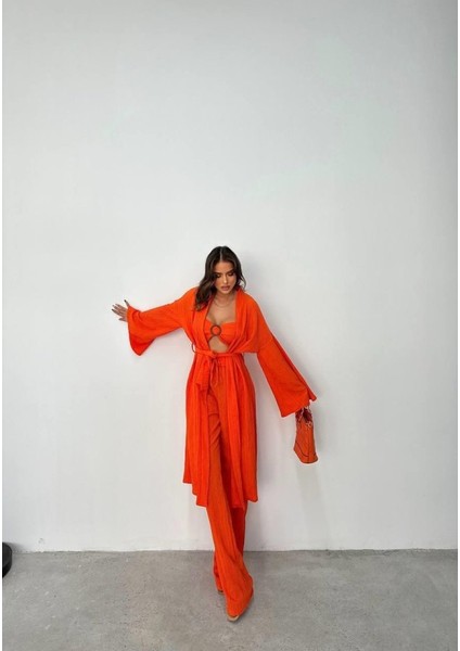 Krınkıll Büstiyer-Pantolon-Kimono Takım - Orange
