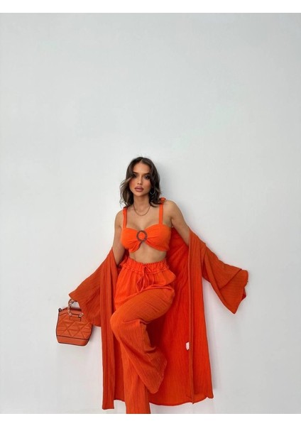 Krınkıll Büstiyer-Pantolon-Kimono Takım - Orange
