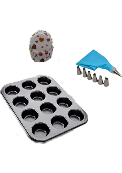 Home 12'li Muffin Kek Kalıbı/ Muffin Kalıbı/ Kek Kalıbı + Muffin Kağıdı (100 Adet)+Krema Sıkma Torbası