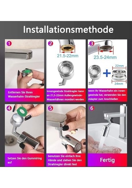 Home 720 Derece Döndürülebilir Musluk Akış Regülatörü, Musluk Havalandırıcı, 22 mm Iç Dişli ve Dış Dişli Mutfak/banyo Musluğu Başlığı