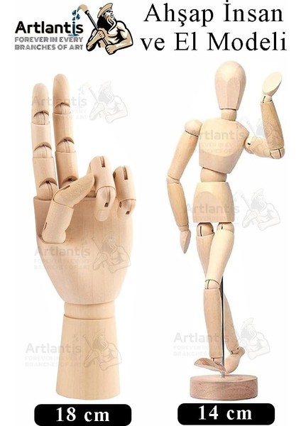 Ahşap Insan Modeli 14 cm ve El Modeli 18 cm 1 Paket Hareketli Insan ve El Manken Maketi Esnek Çizim Modeli