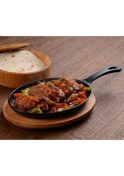 Fajita Tavası ve Ahşap Altlığı, 17X23 cm, Saplı, Oval