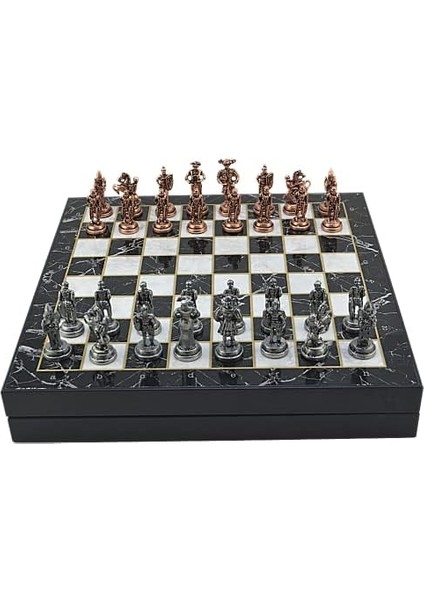 Orta Boy Metal Ispanyol Satranç Takımı Antik ve Mermer Desenli Sandıklı Mdf Tahtası (36X36X6 Cm.)