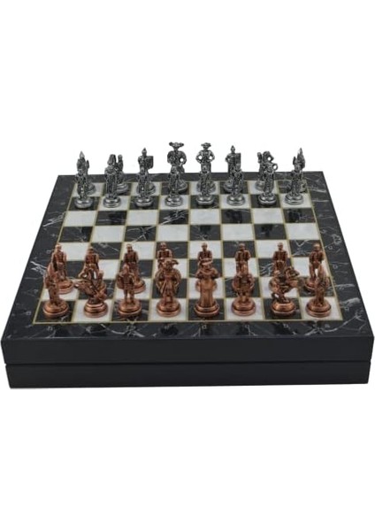 Orta Boy Metal Ispanyol Satranç Takımı Antik ve Mermer Desenli Sandıklı Mdf Tahtası (36X36X6 Cm.)