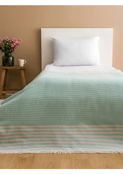 Lcw Home Yeşil Çizgi Desenli Saçaklı Tek Kişilik Yatak Örtüsü 130 x 170 cm