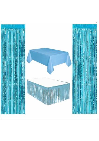 Mavi Masa Örtüsü ve Mavi Masa Eteği, 2 Adet Mavi Arka Fon Perde