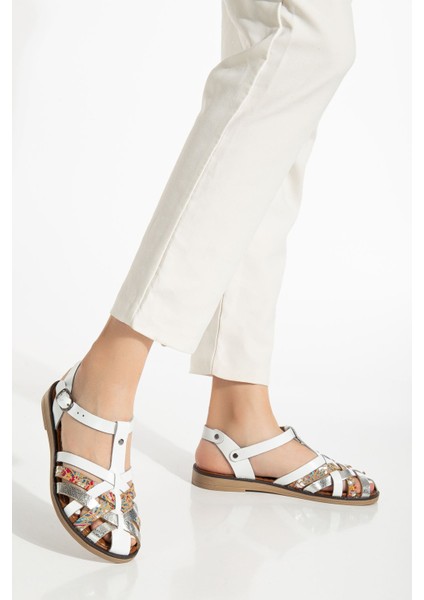 Bayan SANDALET205-02 Beyaz Garni Ortopedik Deri Kadın Sandalet