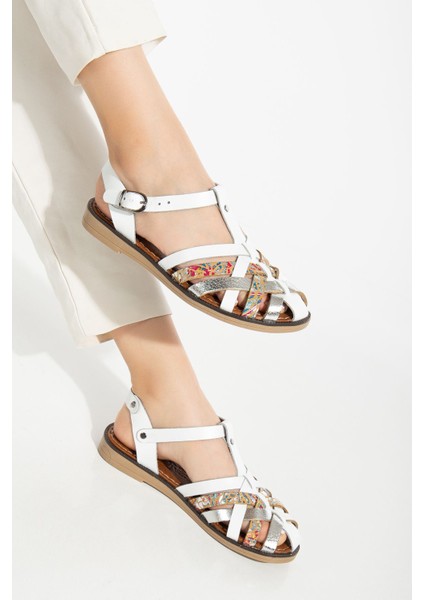 Bayan SANDALET205-02 Beyaz Garni Ortopedik Deri Kadın Sandalet fiyatları