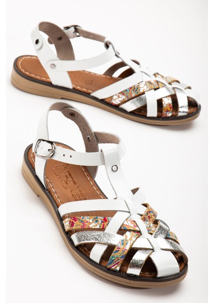 Bayan SANDALET205-02 Beyaz Garni Ortopedik Deri Kadın Sandalet fırsatları