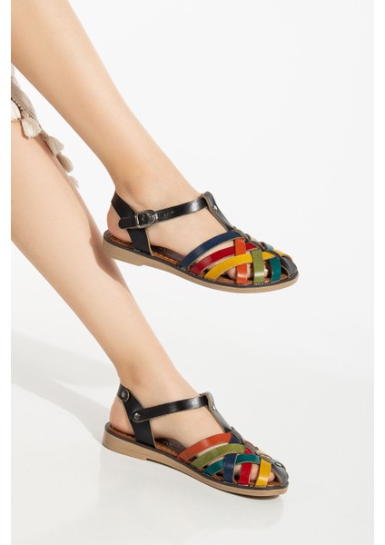 Bayan SANDALET205-02 Siyah Multi Ortopedik Deri Kadın Sandalet