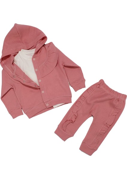 Kız Bebek Pembe Fırfırlı Hırkalı Badili 3 Lü Takım - 1015469
