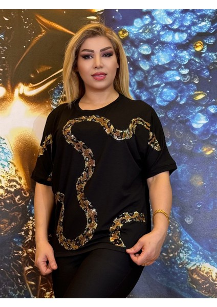 Abiye Bluz,taşli Işlemeli,yüksek Kaliteli,siyah Renk,kısa Kollu,yılan Desenli,3 Iplikli Pamuklu