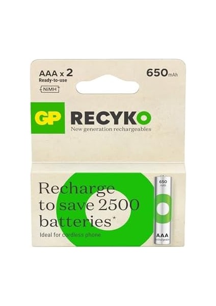 Batteries Recyko 650 Aaa Ince Kalem Ni-Mh Şarjlı Pil, 1.2 Volt, 2'li Kart