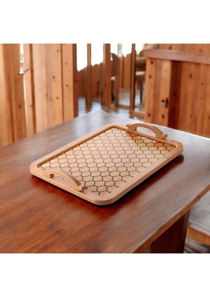 Bambu Desenli Lüx Kulplu Mutfak Tepsisi 39 * 30 cm, Kulplu Desenli Bambu Lüx Sunum Tepsisi, Bambu Tepsi, 39 * 30 Desenli Bambu Tepsi