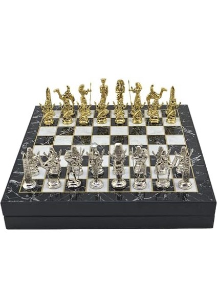 Büyük Boy Metal Mısır Satranç Tk. Parlak ve Mermer Desenli Sandıklı Mdf TAHTASI(36X36X6 Cm.)