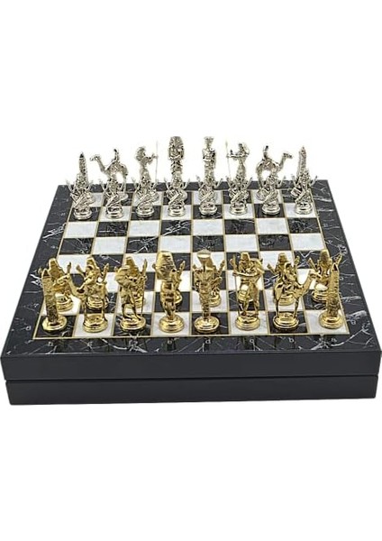 Büyük Boy Metal Mısır Satranç Tk. Parlak ve Mermer Desenli Sandıklı Mdf TAHTASI(36X36X6 Cm.)