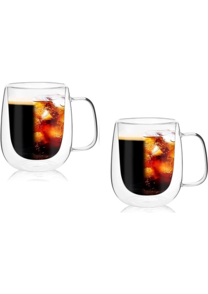 Home Borosilikat 2 Adet Çift Cidarlı Kupa Bardak, 250 ml Kulplu Cam Çay Kahve Süt Kupa Borosilikat Bardak