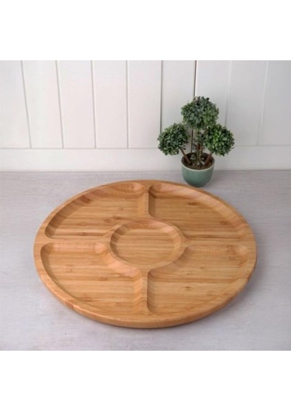 5 Bölmeli Bambu Kahvaltı ve Çerez Servis Tabağı, 30X30 cm Doğal Bambu Sunum Tabağı