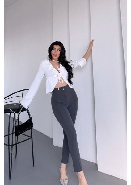 Kadın Krep Kumaş Çimalı Yüksek Bel Pantolon