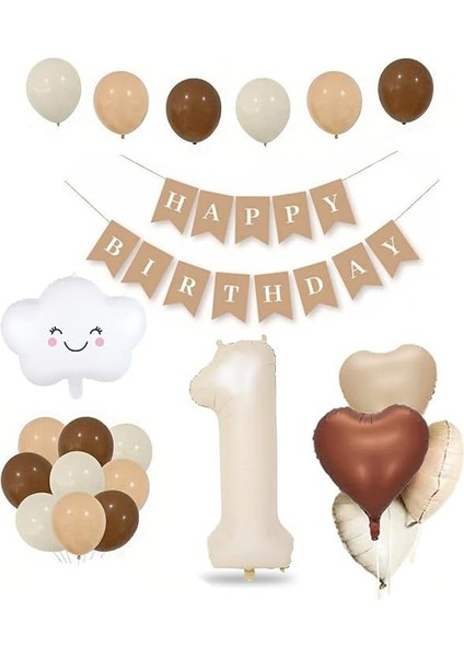 Yaş Retro Kalp Doğum Günü Seti; Krem Rakam Folyo, Banner, Kalp Folyo ve Lateks Balon